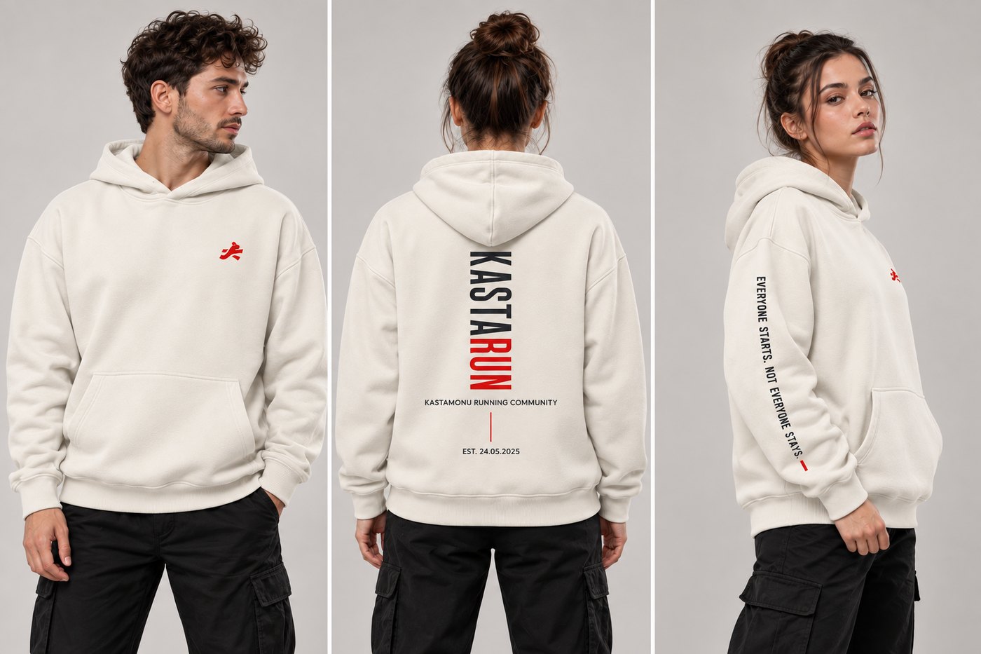 Kastarun premium hoodie kırık beyaz — ön, sırt ve kol detayı