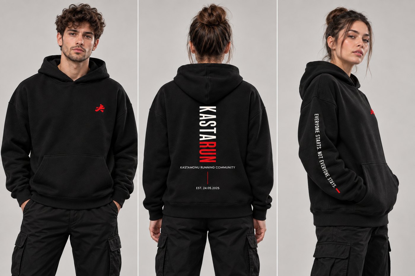 Kastarun premium hoodie siyah — ön, sırt ve kol detayı